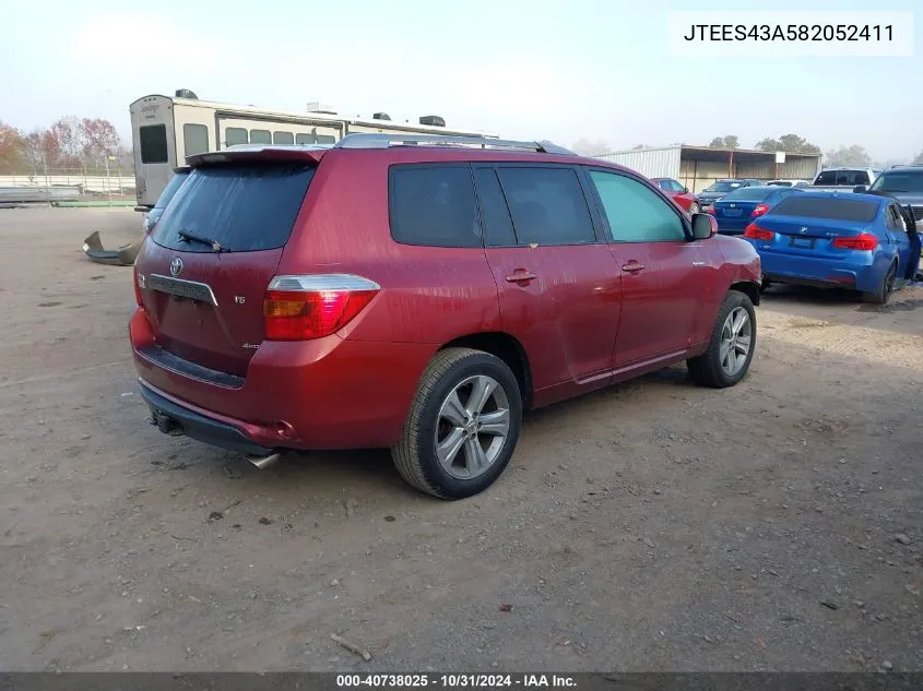 2008 Toyota Highlander Sport VIN: JTEES43A582052411 Lot: 40738025