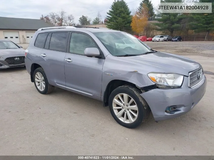 2008 Toyota Highlander Hybrid VIN: JTEEW41A182004928 Lot: 40741523