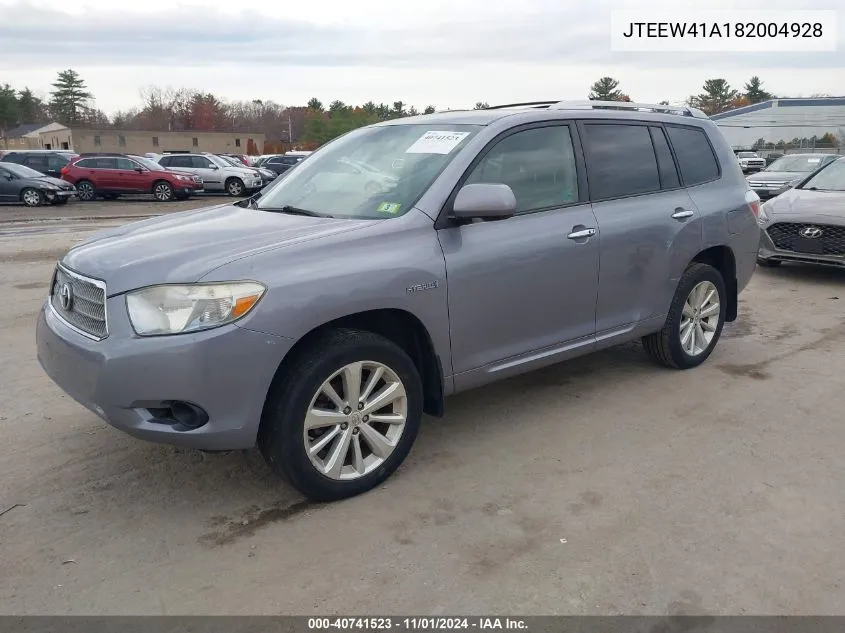 2008 Toyota Highlander Hybrid VIN: JTEEW41A182004928 Lot: 40741523