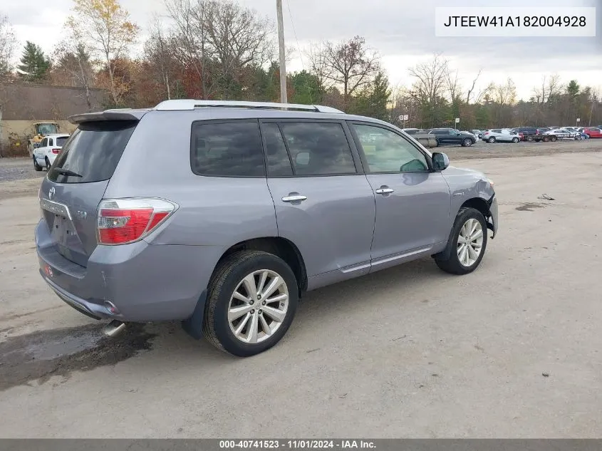 2008 Toyota Highlander Hybrid VIN: JTEEW41A182004928 Lot: 40741523