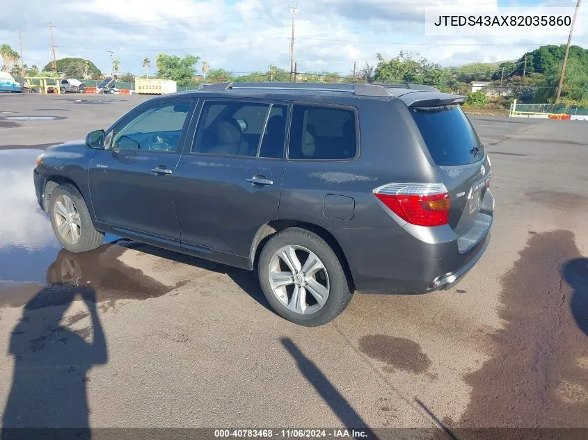 2008 Toyota Highlander Sport VIN: JTEDS43AX82035860 Lot: 40783468