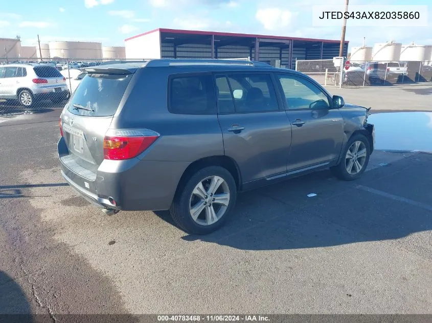 2008 Toyota Highlander Sport VIN: JTEDS43AX82035860 Lot: 40783468