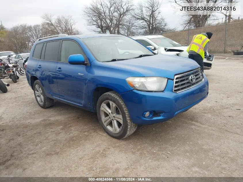 2008 Toyota Highlander Sport VIN: JTEES43A882014316 Lot: 40824566