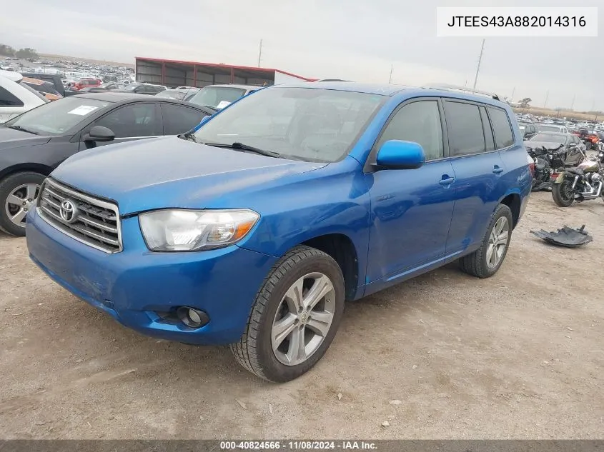 2008 Toyota Highlander Sport VIN: JTEES43A882014316 Lot: 40824566