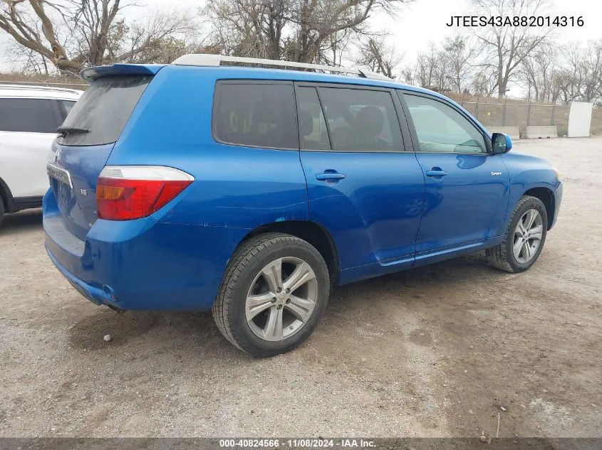 2008 Toyota Highlander Sport VIN: JTEES43A882014316 Lot: 40824566