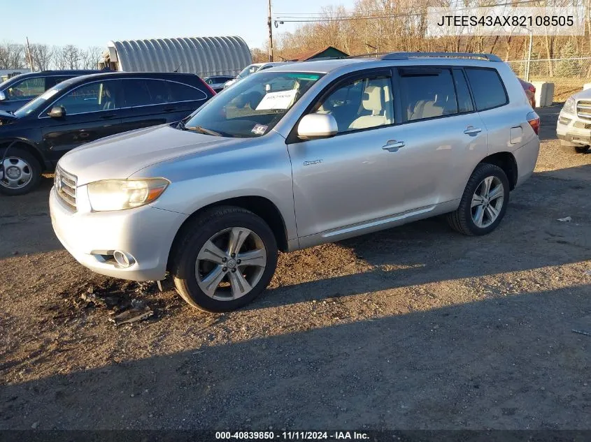 2008 Toyota Highlander Sport VIN: JTEES43AX82108505 Lot: 40839850