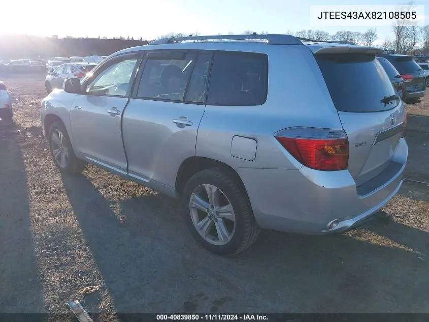 2008 Toyota Highlander Sport VIN: JTEES43AX82108505 Lot: 40839850