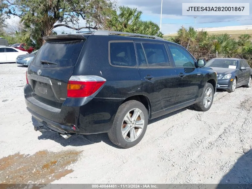 2008 Toyota Highlander Sport VIN: JTEES43A282001867 Lot: 40844481