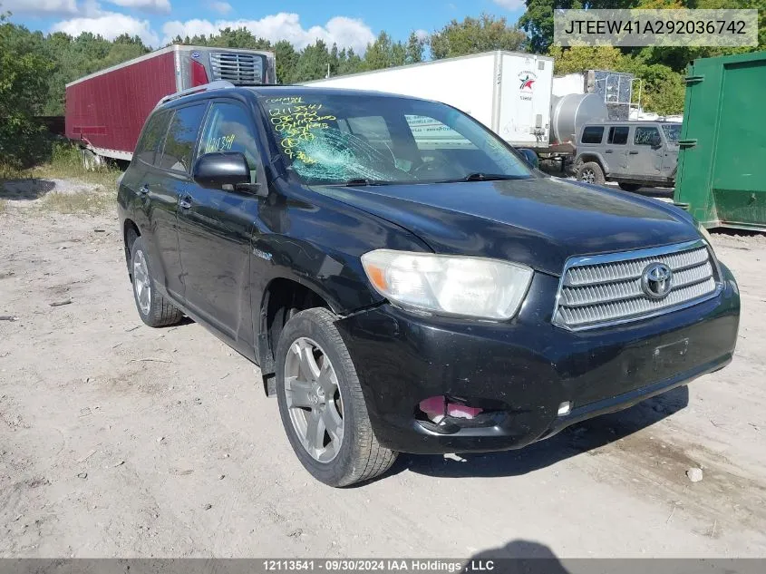 2009 Toyota Highlander Hybrid Hybrid VIN: JTEEW41A292036742 Lot: 12113541