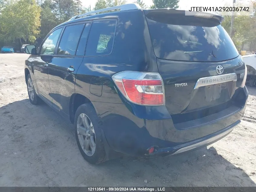 2009 Toyota Highlander Hybrid Hybrid VIN: JTEEW41A292036742 Lot: 12113541