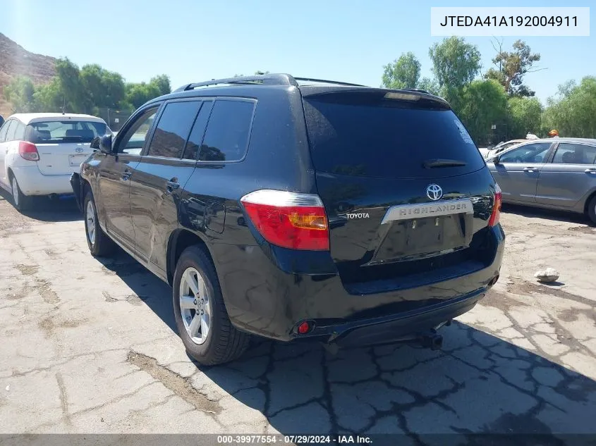 2009 Toyota Highlander VIN: JTEDA41A192004911 Lot: 39977554