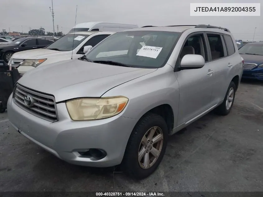 2009 Toyota Highlander VIN: JTEDA41A892004355 Lot: 40328751