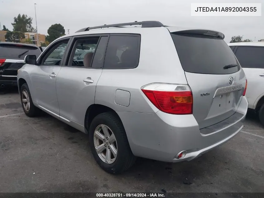 JTEDA41A892004355 2009 Toyota Highlander