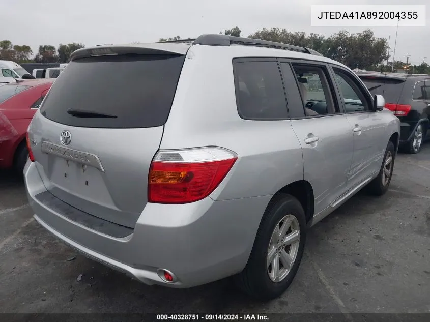 JTEDA41A892004355 2009 Toyota Highlander