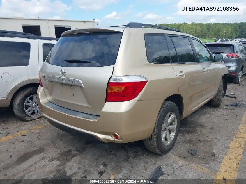 2009 Toyota Highlander VIN: JTEDA41A892008356 Lot: 40382758