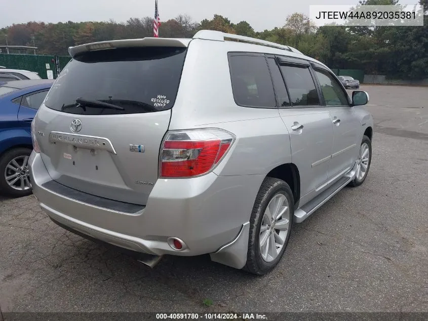 2009 Toyota Highlander Hybrid Limited VIN: JTEEW44A892035381 Lot: 40591780