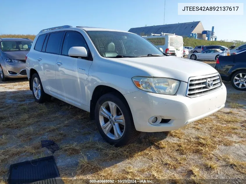 2009 Toyota Highlander Limited VIN: JTEES42A892137617 Lot: 40669592