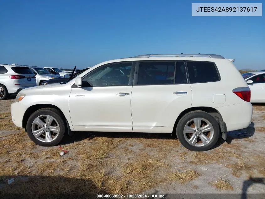 2009 Toyota Highlander Limited VIN: JTEES42A892137617 Lot: 40669592