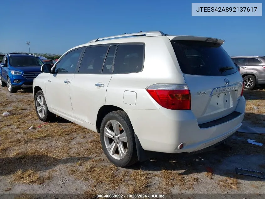 2009 Toyota Highlander Limited VIN: JTEES42A892137617 Lot: 40669592