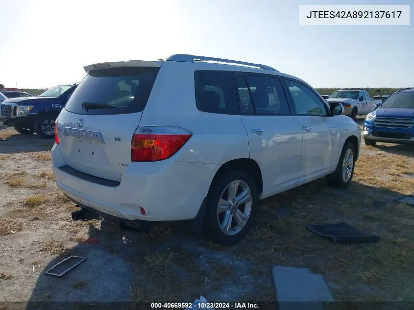 2009 Toyota Highlander Limited VIN: JTEES42A892137617 Lot: 40669592