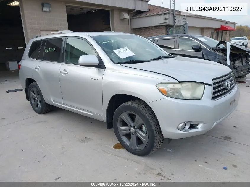 2009 Toyota Highlander Sport VIN: JTEES43A892119827 Lot: 40670045