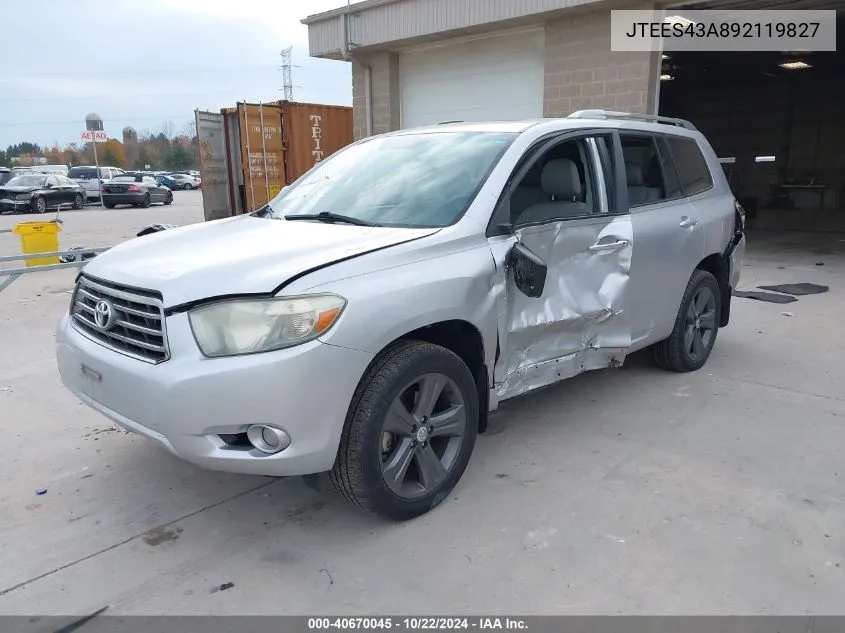 2009 Toyota Highlander Sport VIN: JTEES43A892119827 Lot: 40670045