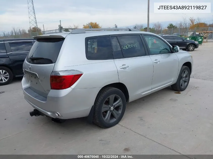 2009 Toyota Highlander Sport VIN: JTEES43A892119827 Lot: 40670045