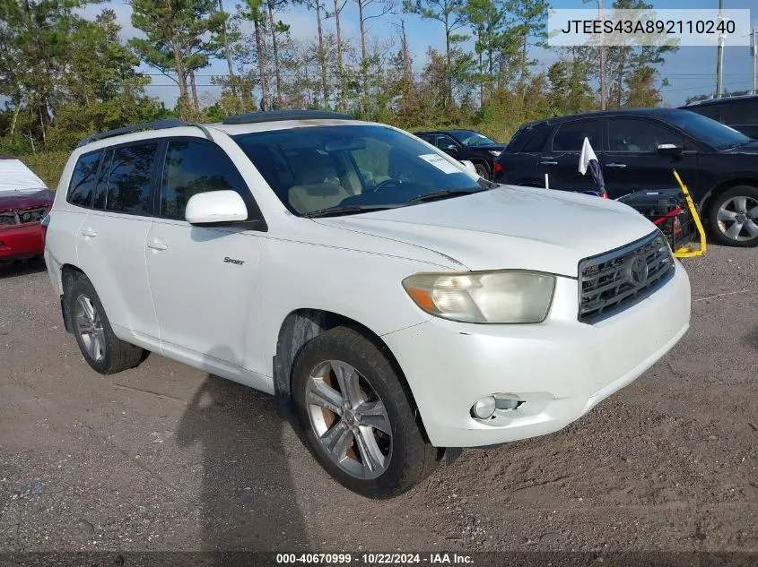 2009 Toyota Highlander Sport VIN: JTEES43A892110240 Lot: 40670999