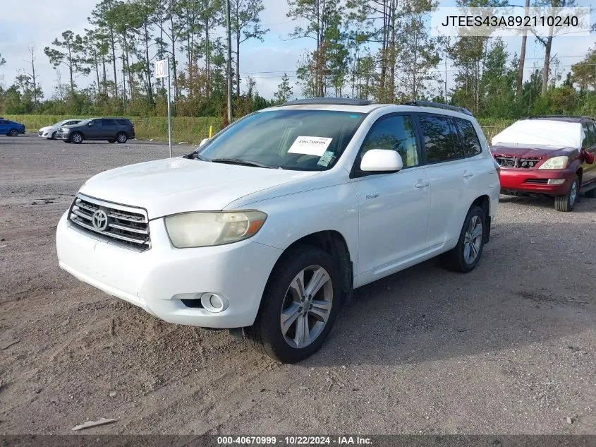 2009 Toyota Highlander Sport VIN: JTEES43A892110240 Lot: 40670999