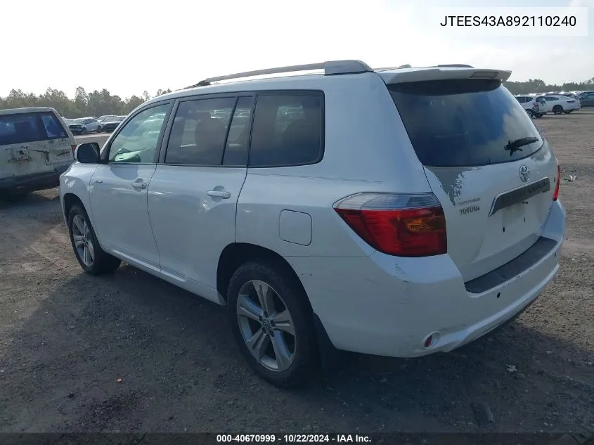 2009 Toyota Highlander Sport VIN: JTEES43A892110240 Lot: 40670999