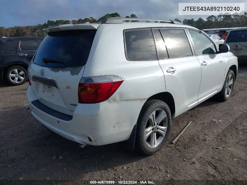 2009 Toyota Highlander Sport VIN: JTEES43A892110240 Lot: 40670999