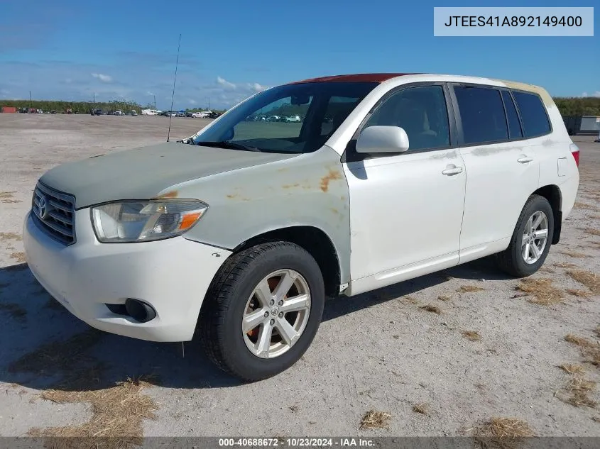 2009 Toyota Highlander VIN: JTEES41A892149400 Lot: 40688672