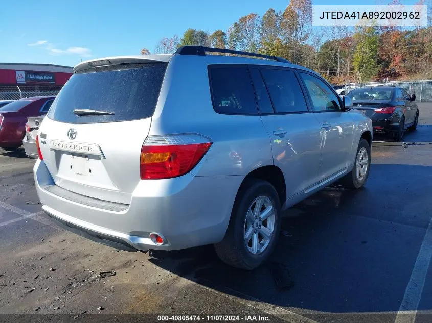 2009 Toyota Highlander VIN: JTEDA41A892002962 Lot: 40805474