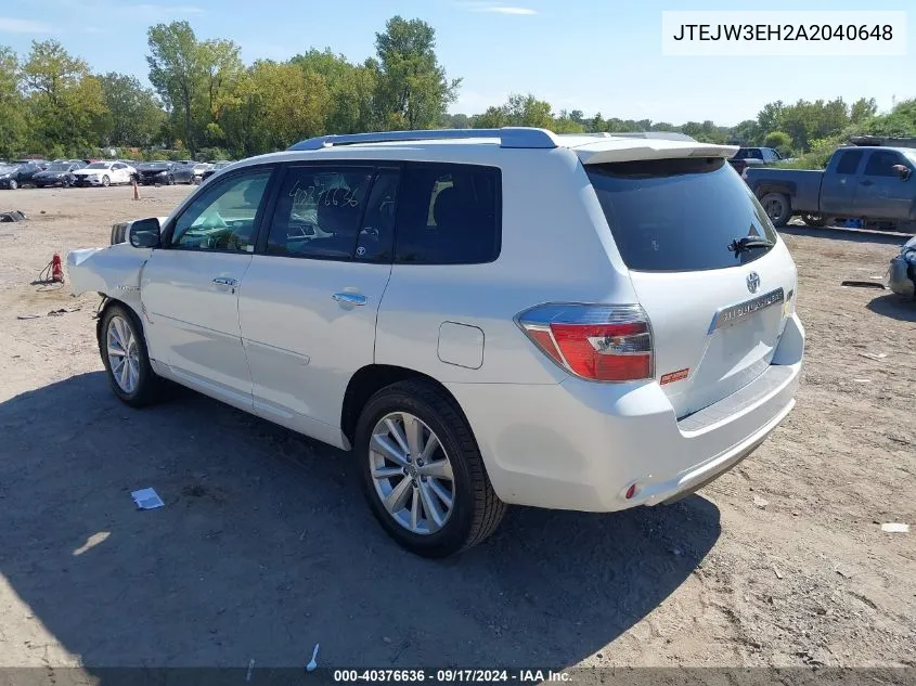 2010 Toyota Highlander Hybrid Limited V6 VIN: JTEJW3EH2A2040648 Lot: 40376636