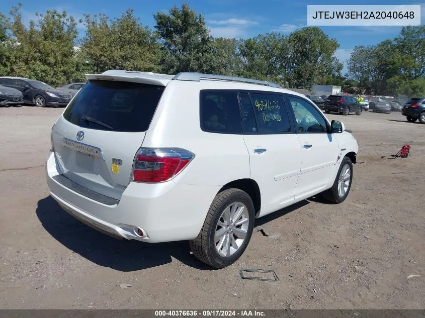 2010 Toyota Highlander Hybrid Limited V6 VIN: JTEJW3EH2A2040648 Lot: 40376636