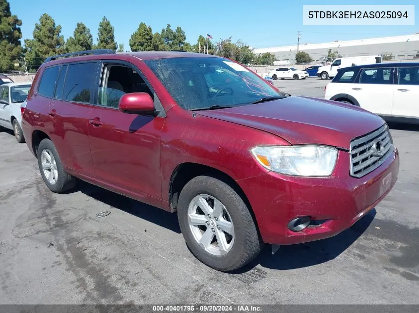 2010 Toyota Highlander Base V6 VIN: 5TDBK3EH2AS025094 Lot: 40401795