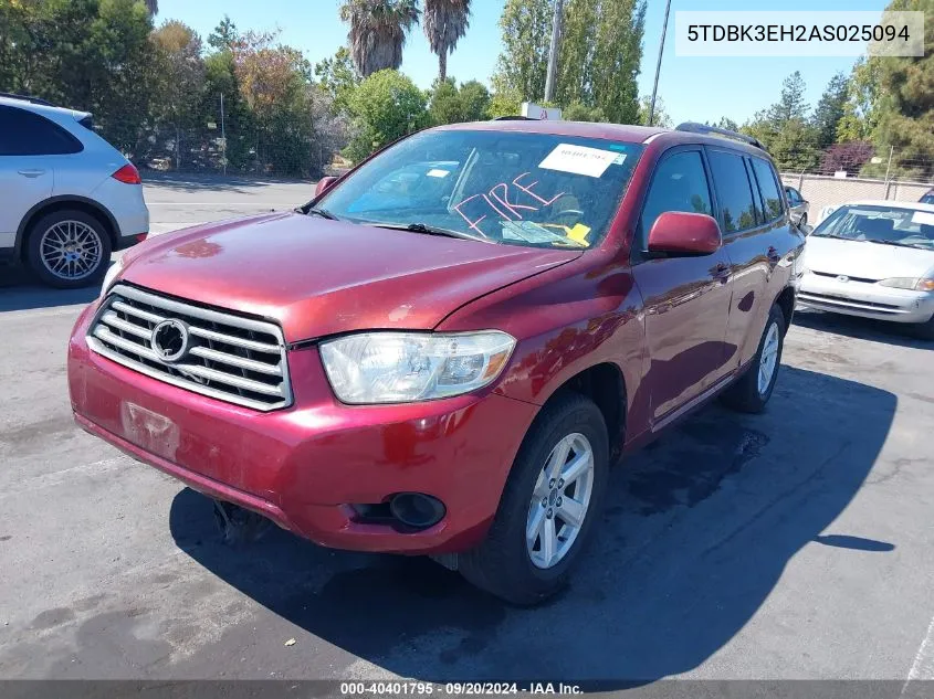 2010 Toyota Highlander Base V6 VIN: 5TDBK3EH2AS025094 Lot: 40401795