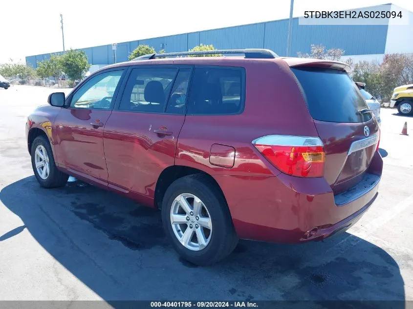 2010 Toyota Highlander Base V6 VIN: 5TDBK3EH2AS025094 Lot: 40401795