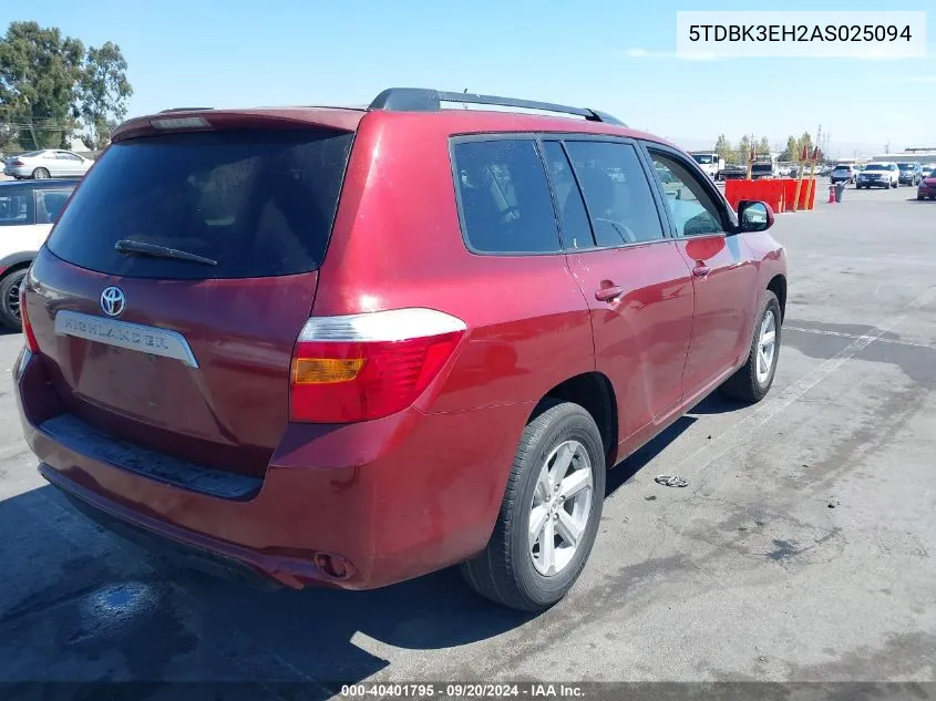 2010 Toyota Highlander Base V6 VIN: 5TDBK3EH2AS025094 Lot: 40401795