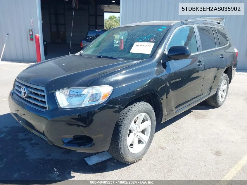 2010 Toyota Highlander Base V6 VIN: 5TDBK3EH2AS035902 Lot: 40485237