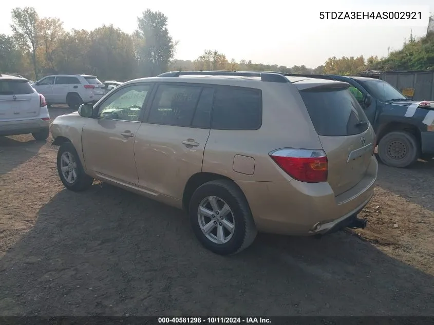 2010 Toyota Highlander VIN: 5TDZA3EH4AS002921 Lot: 40581298