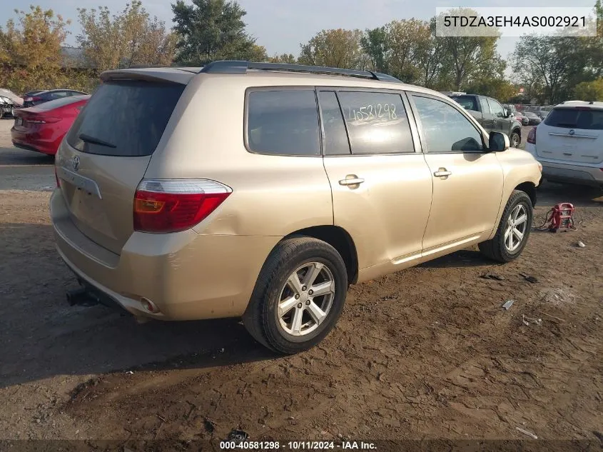 2010 Toyota Highlander VIN: 5TDZA3EH4AS002921 Lot: 40581298