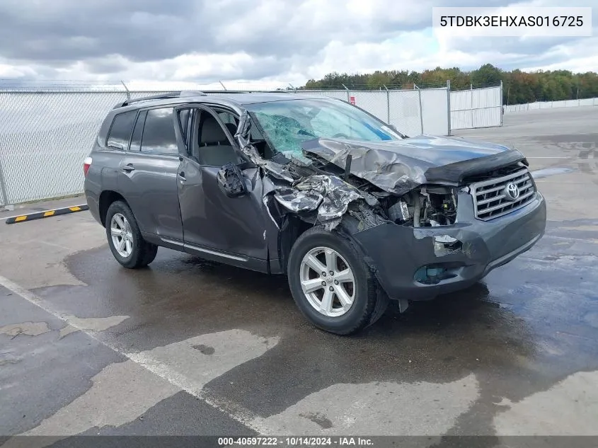 2010 Toyota Highlander Base V6 VIN: 5TDBK3EHXAS016725 Lot: 40597222