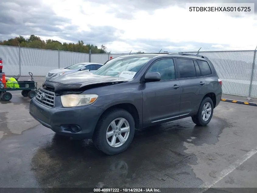 2010 Toyota Highlander Base V6 VIN: 5TDBK3EHXAS016725 Lot: 40597222