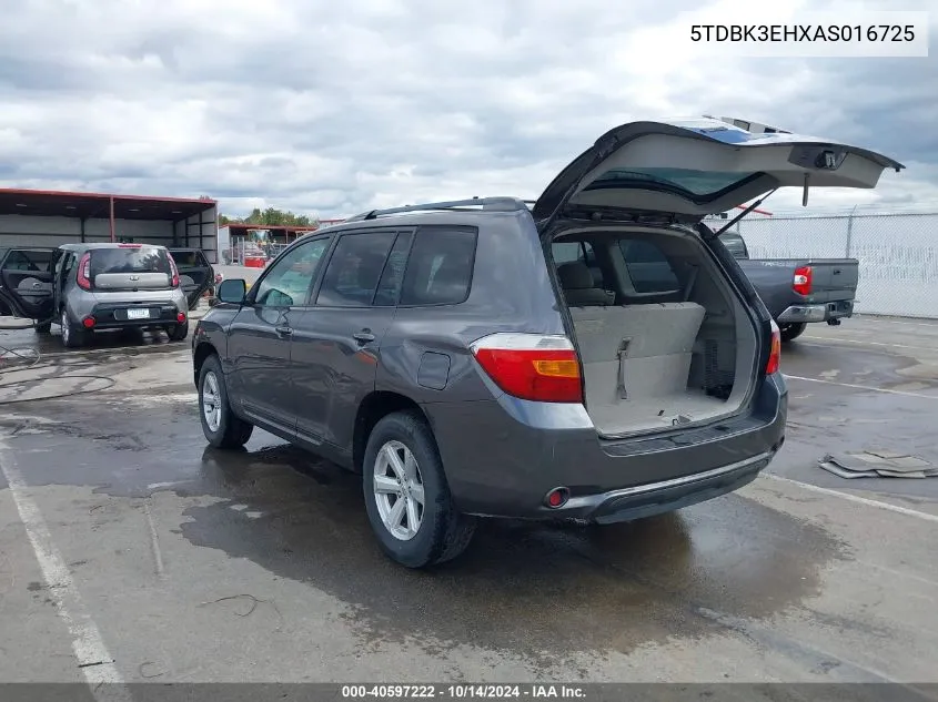 2010 Toyota Highlander Base V6 VIN: 5TDBK3EHXAS016725 Lot: 40597222