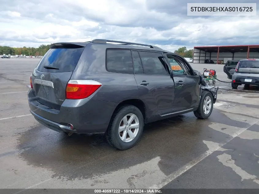 2010 Toyota Highlander Base V6 VIN: 5TDBK3EHXAS016725 Lot: 40597222