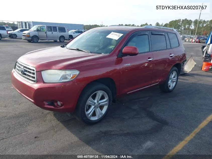 2010 Toyota Highlander Limited V6 VIN: 5TDYK3EHXAS020767 Lot: 40759135