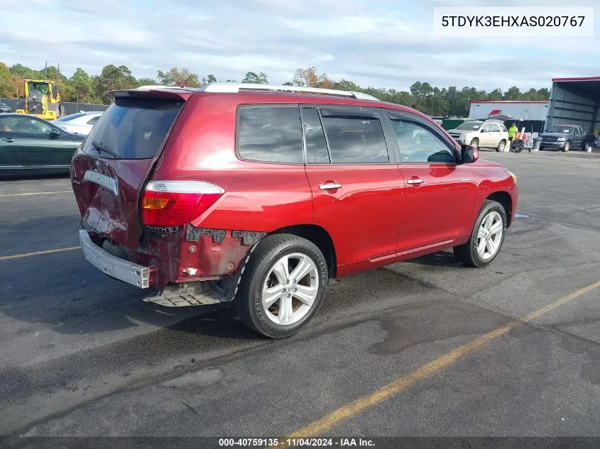 2010 Toyota Highlander Limited V6 VIN: 5TDYK3EHXAS020767 Lot: 40759135