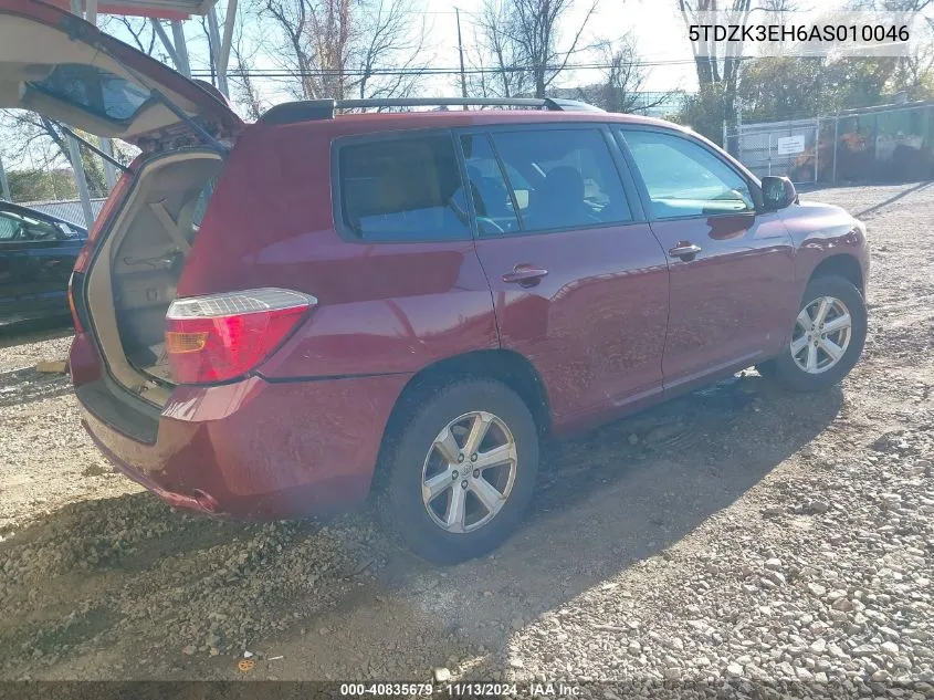 2010 Toyota Highlander Base V6 VIN: 5TDZK3EH6AS010046 Lot: 40835679