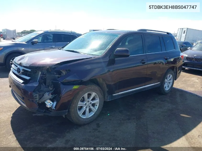 2011 Toyota Highlander Se V6 VIN: 5TDBK3EH8BS047747 Lot: 39754156